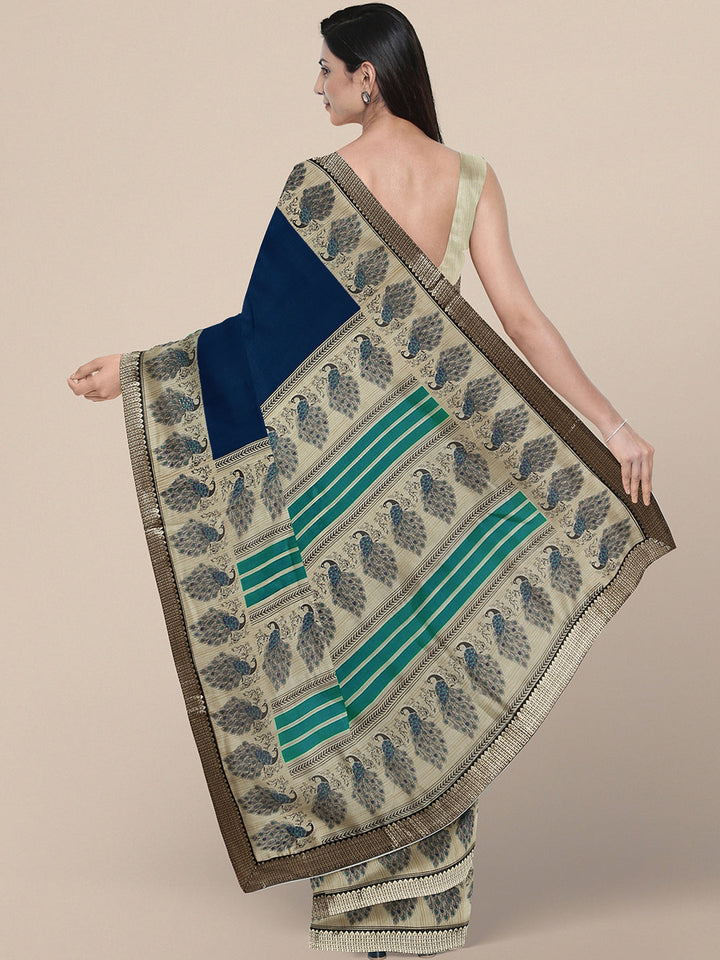 Navy Blue Bhagalpuri Printed Peacock motifs Art Silk Saree