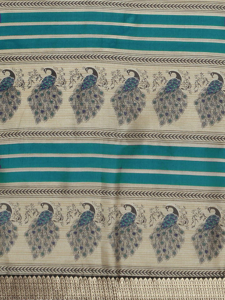 Navy Blue Bhagalpuri Printed Peacock motifs Art Silk Saree
