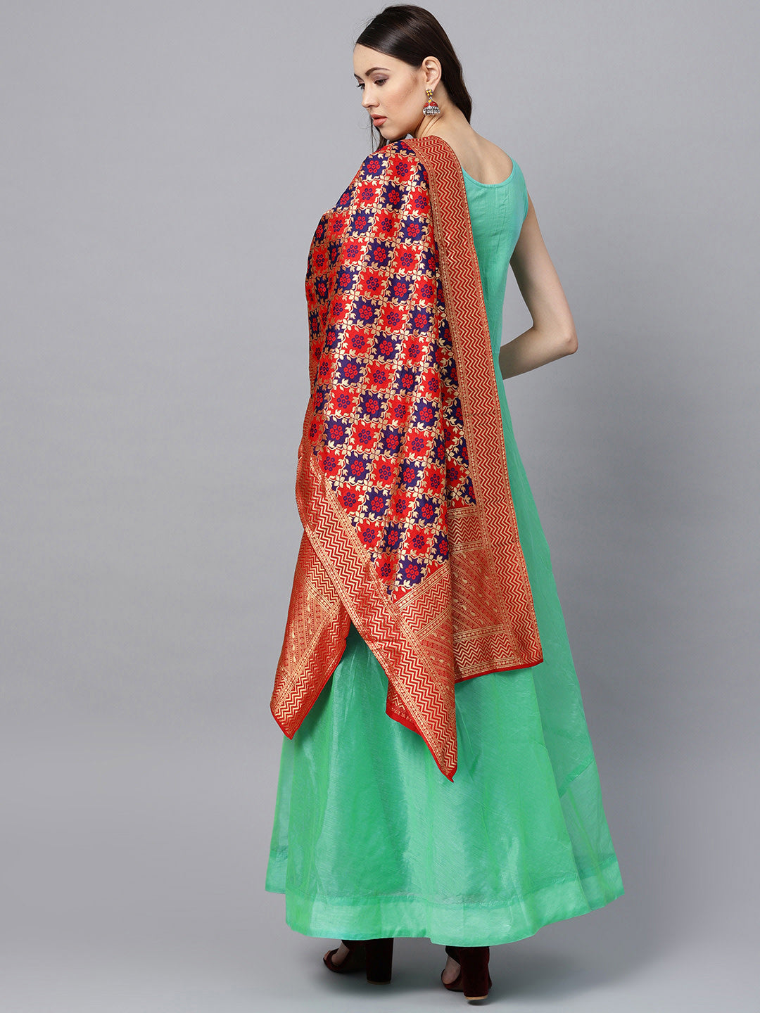 Anarkali Kurta Set with  and Kantha embroidery and Banarasi dupatta