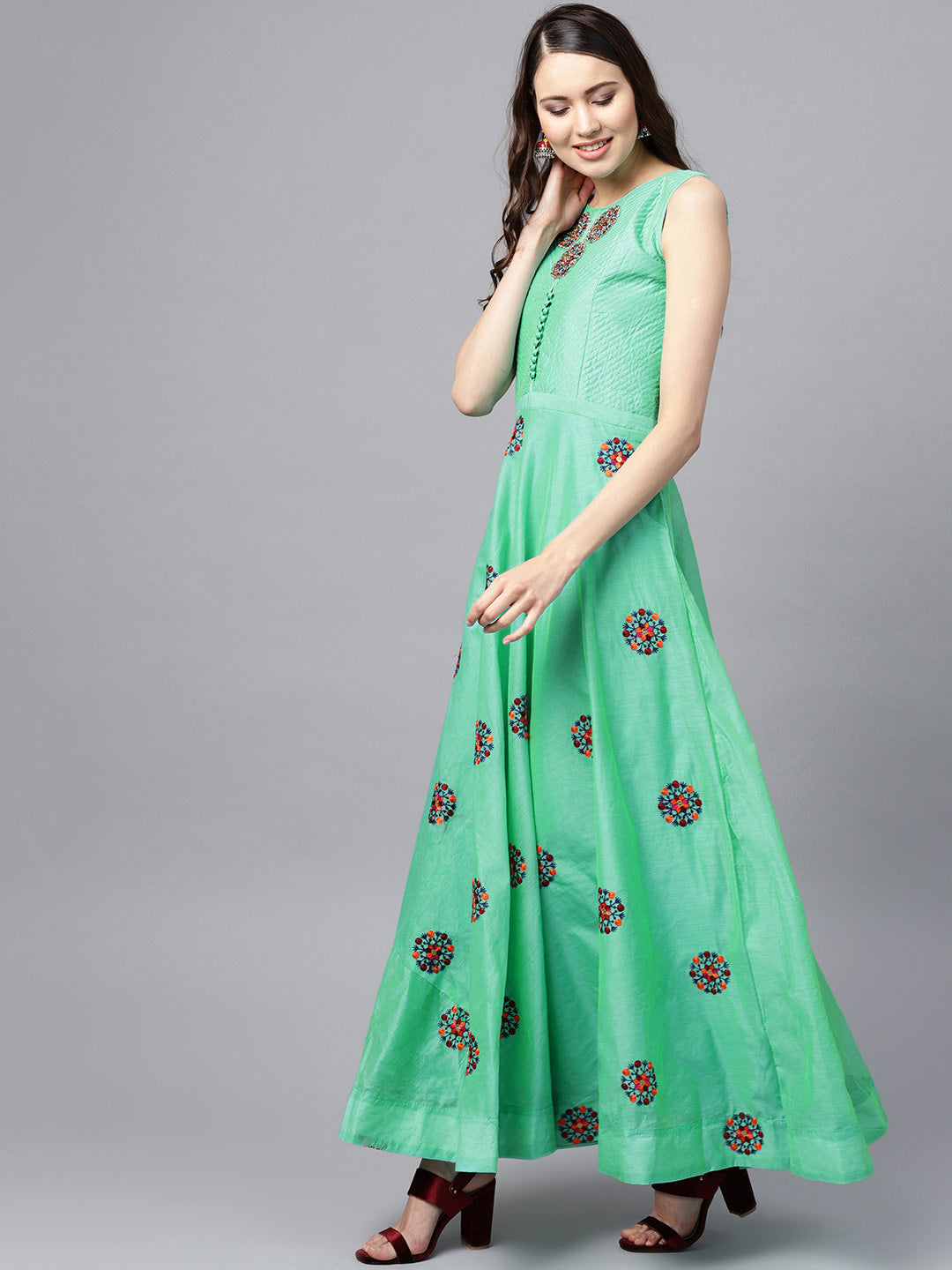 Anarkali Kurta Set with  and Kantha embroidery and Banarasi dupatta