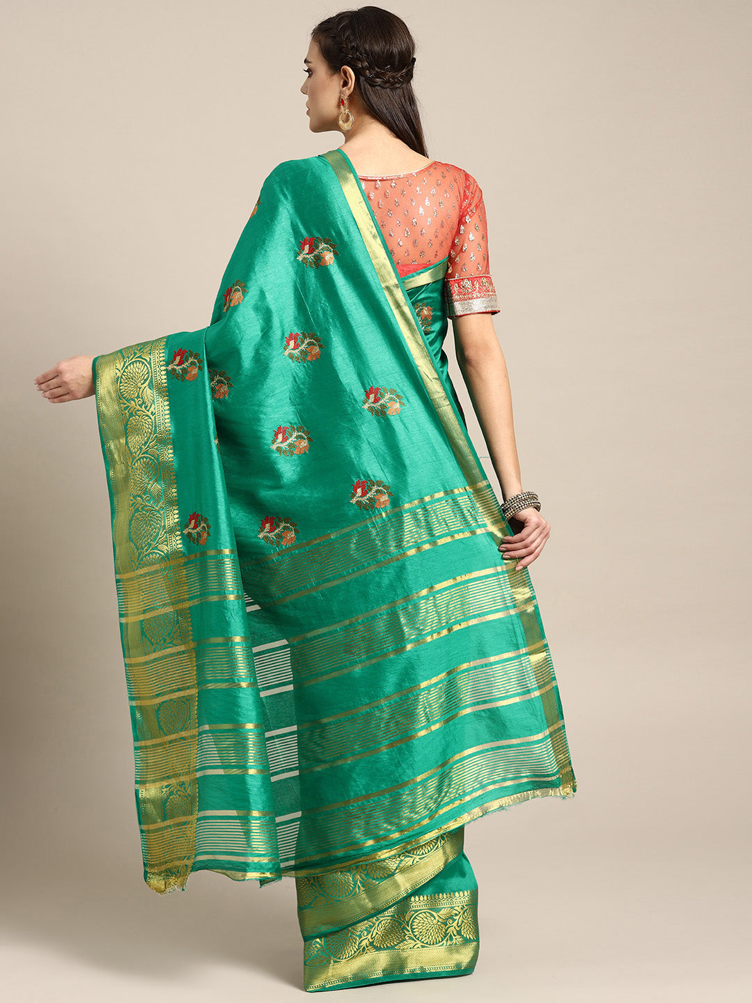 Mysore Silk Saree with Zari Border and Resham Cross Stitch Embroidery