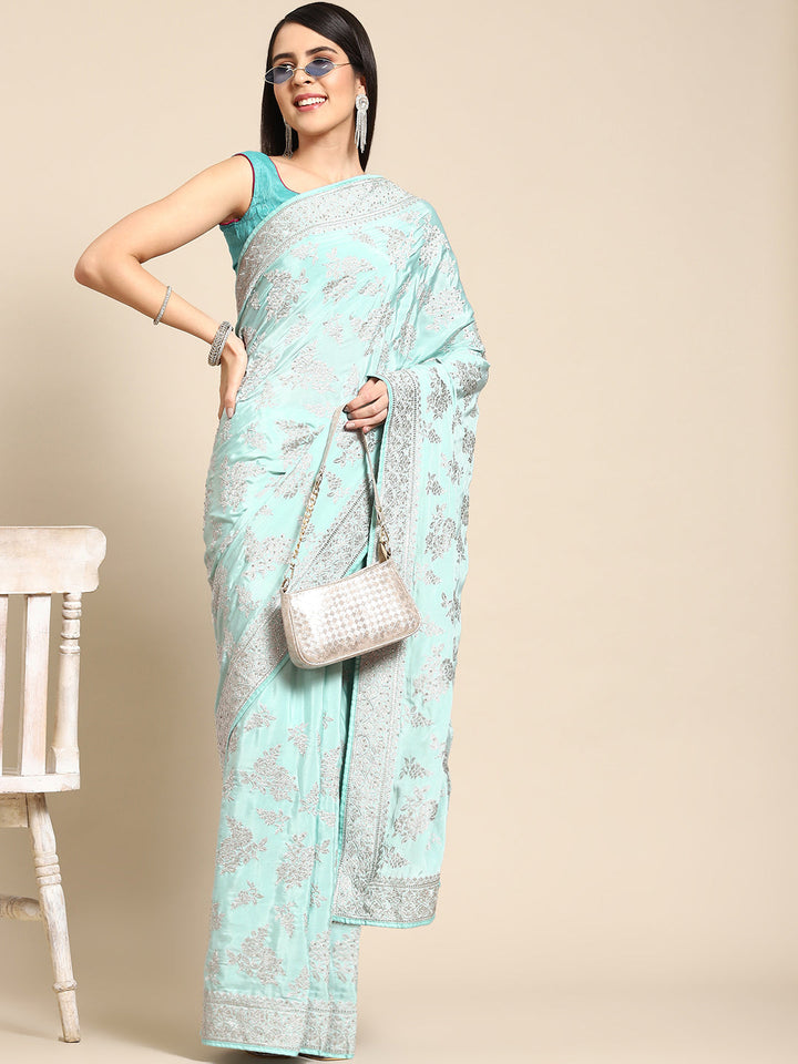 Ice Blue Crepe Silver Embroidery & Stone Embellished Glamourous Saree