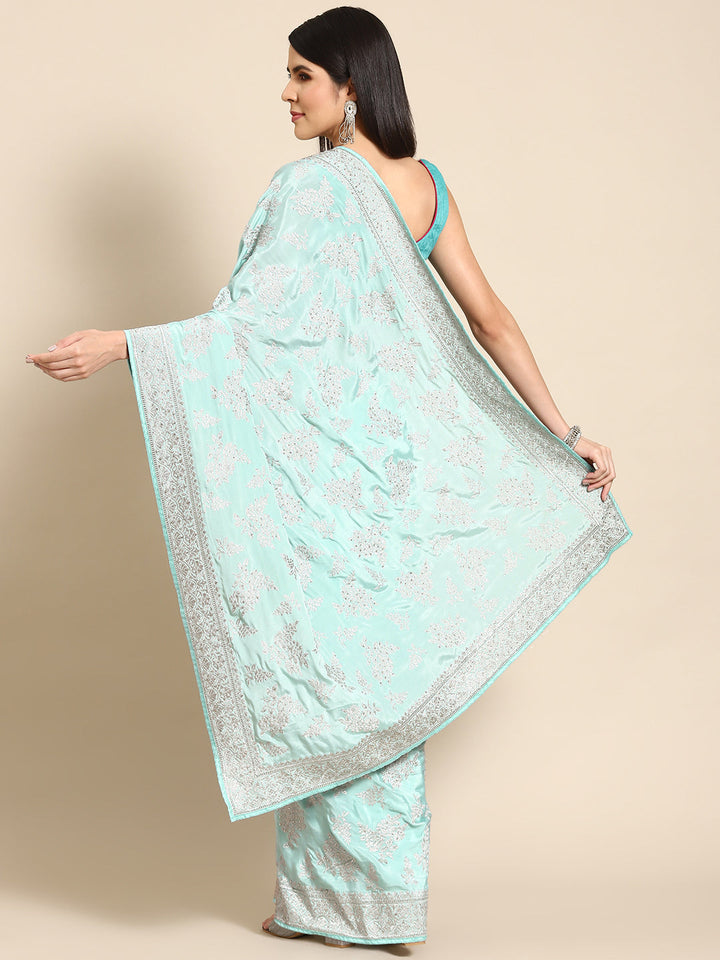 Ice Blue Crepe Silver Embroidery & Stone Embellished Glamourous Saree