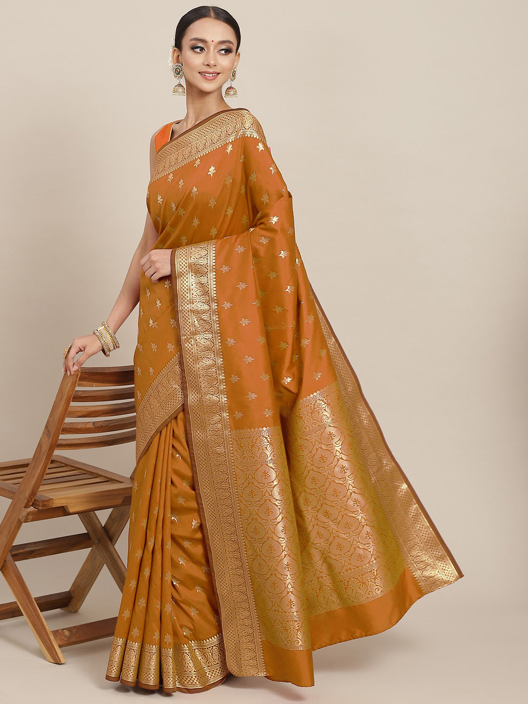 Golden Zari Woven Mysore Silk Bridal Handloom Saree with Floral motifs