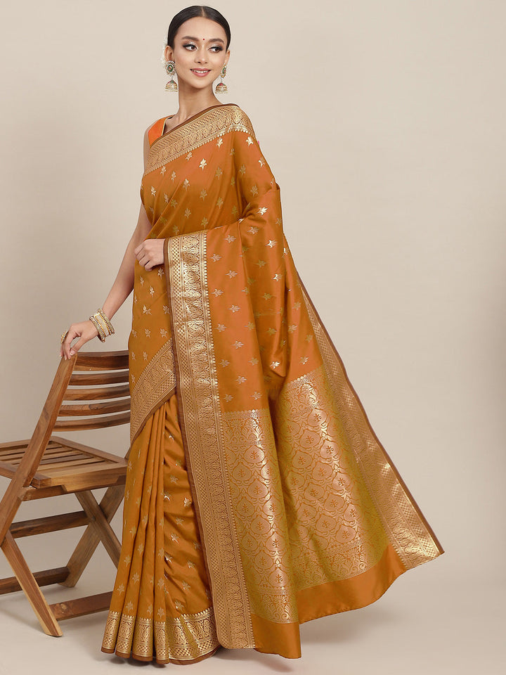 Golden Zari Woven Mysore Silk Bridal Handloom Saree with Floral motifs