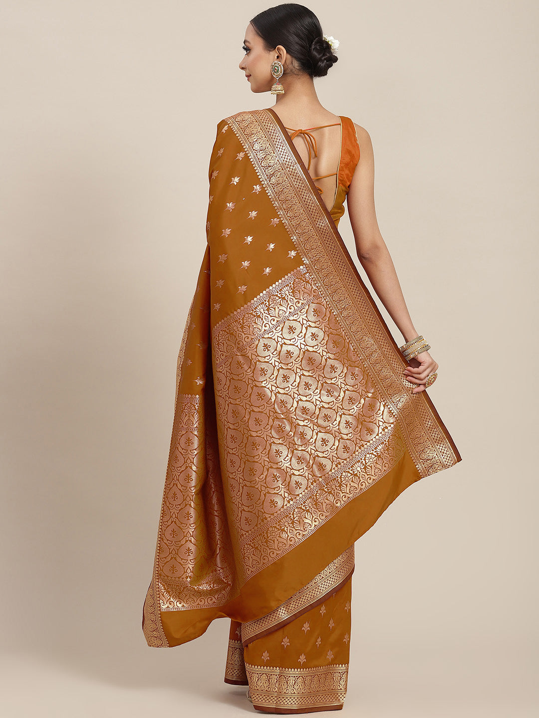Golden Zari Woven Mysore Silk Bridal Handloom Saree with Floral motifs