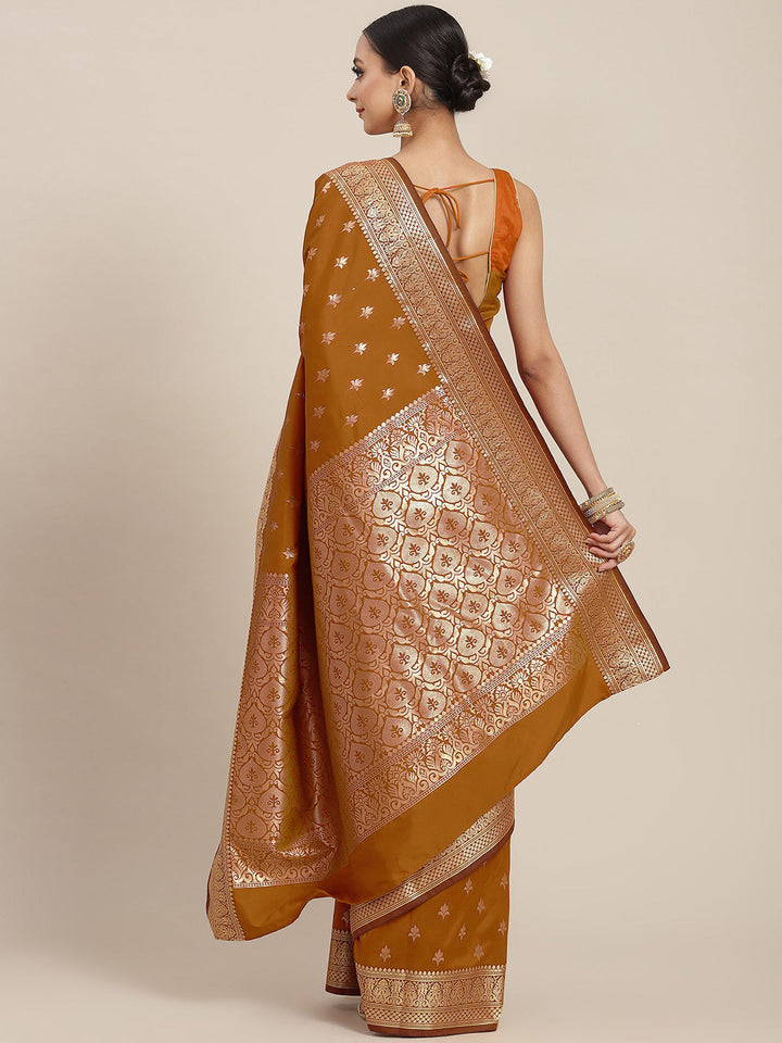 Golden Zari Woven Mysore Silk Bridal Handloom Saree with Floral motifs