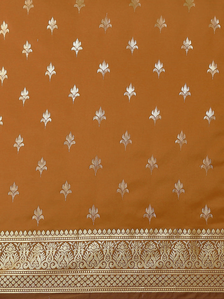 Golden Zari Woven Mysore Silk Bridal Handloom Saree with Floral motifs