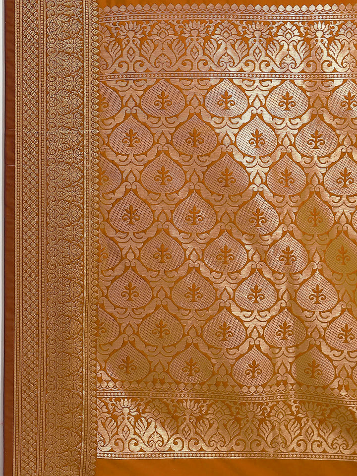 Golden Zari Woven Mysore Silk Bridal Handloom Saree with Floral motifs