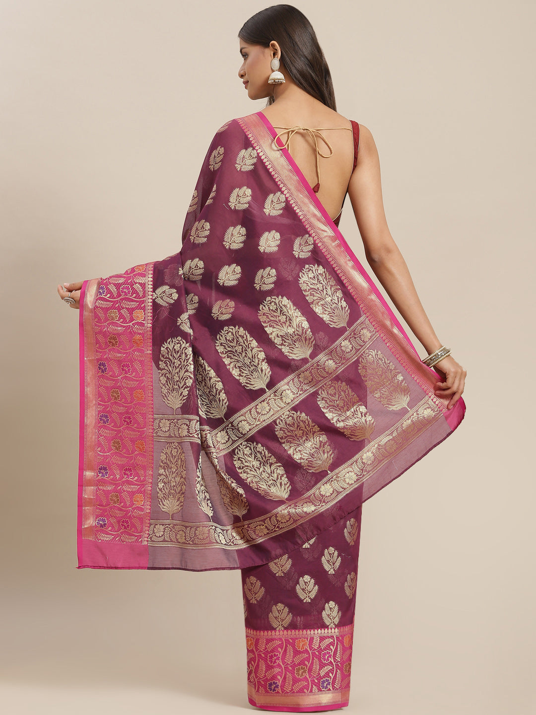 Burgundy Panelled Resham & Zari handloon weaving saree with meenakari