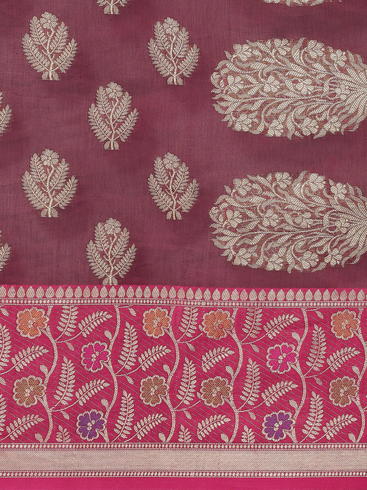 Burgundy Panelled Resham & Zari handloon weaving saree with meenakari