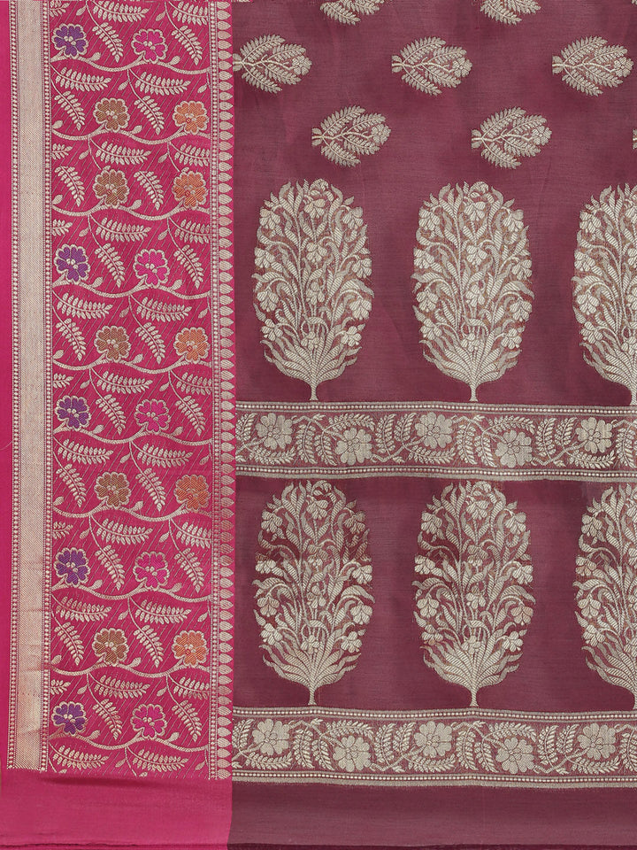 Burgundy Panelled Resham & Zari handloon weaving saree with meenakari