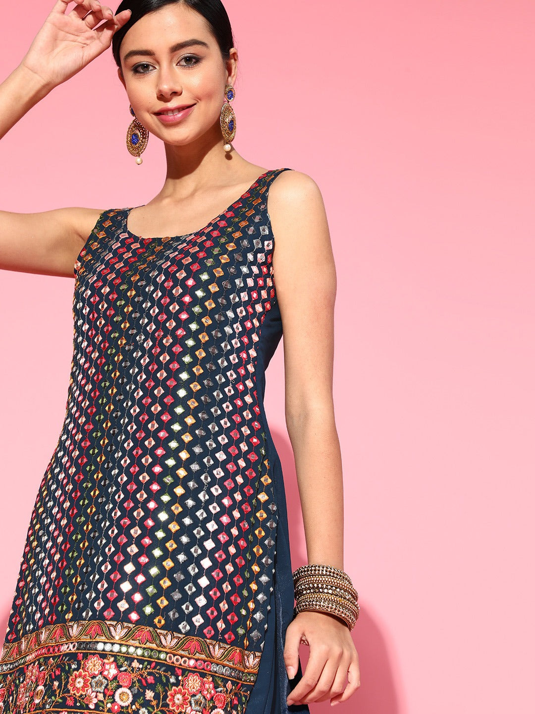 Made to Measure Multicolor Mirror Embroidery Sharara Suit Set With Intricate Border