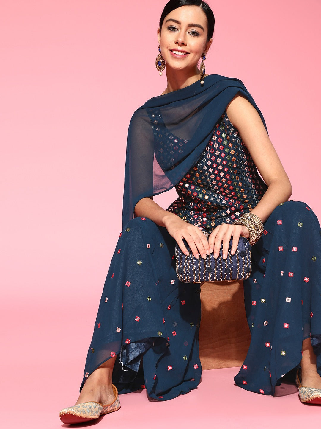 Made to Measure Multicolor Mirror Embroidery Sharara Suit Set With Intricate Border