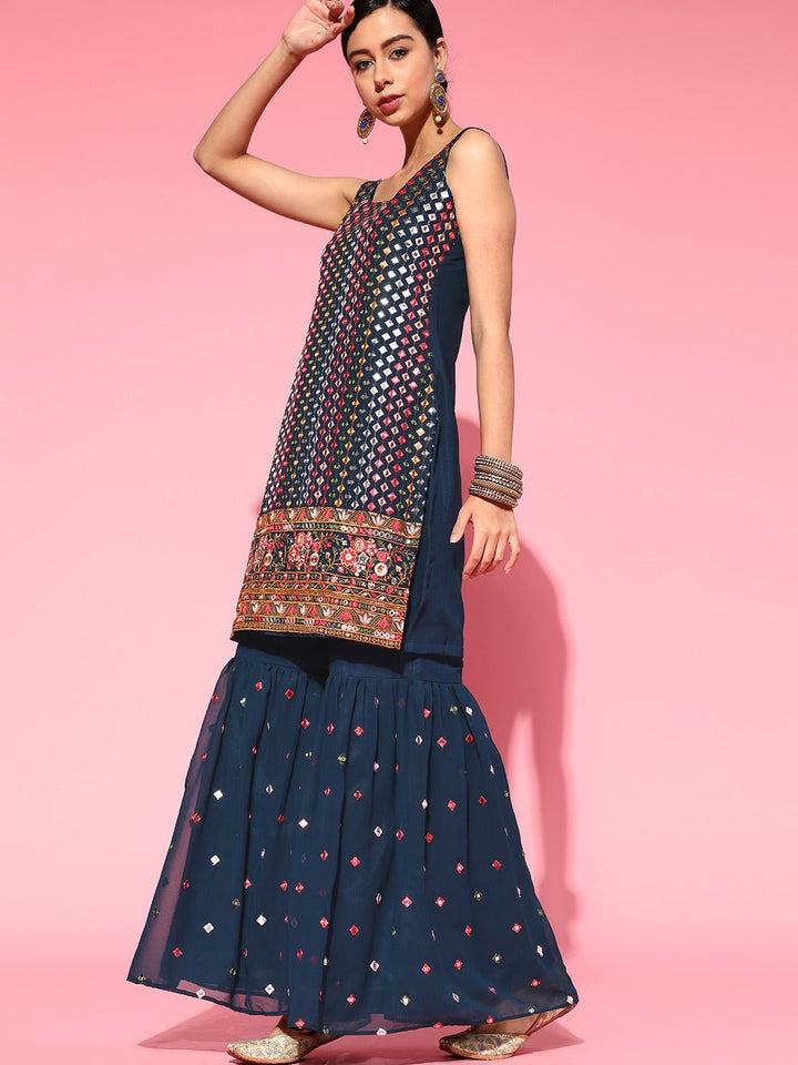 Made to Measure Multicolor Mirror Embroidery Sharara Suit Set With Intricate Border