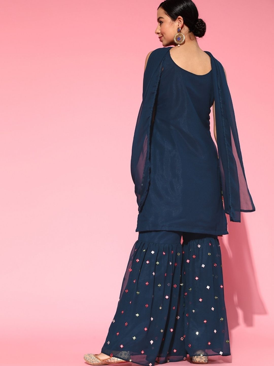 Made to Measure Multicolor Mirror Embroidery Sharara Suit Set With Intricate Border