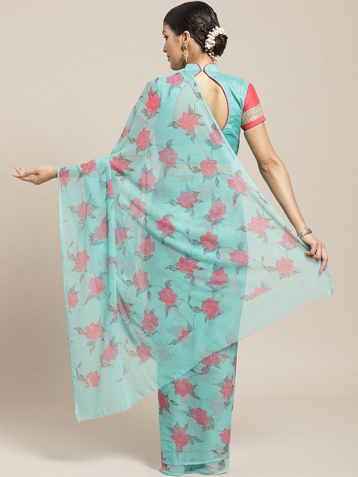Pastel Summer Chiffon Saree with Contemporary Floral Prints and Gold Zari Border