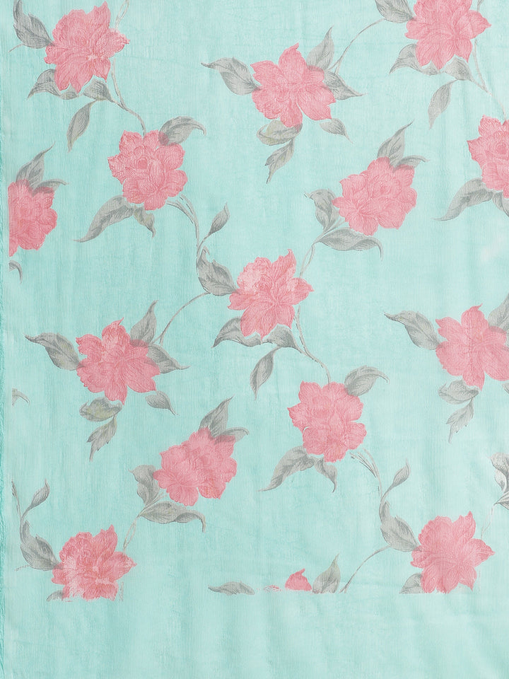 Pastel Summer Chiffon Saree with Contemporary Floral Prints and Gold Zari Border