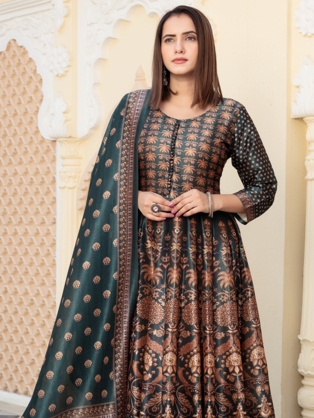 Bohemian Print Embellished Pleated Gown with Printed Sleeves & Printed Dupatta