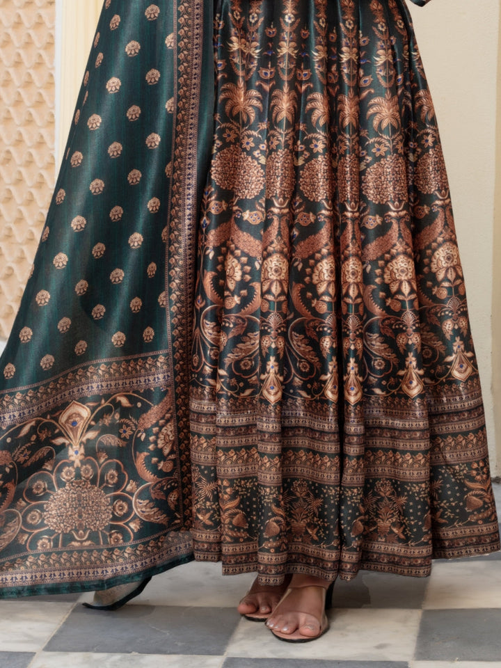 Bohemian Print Embellished Pleated Gown with Printed Sleeves & Printed Dupatta