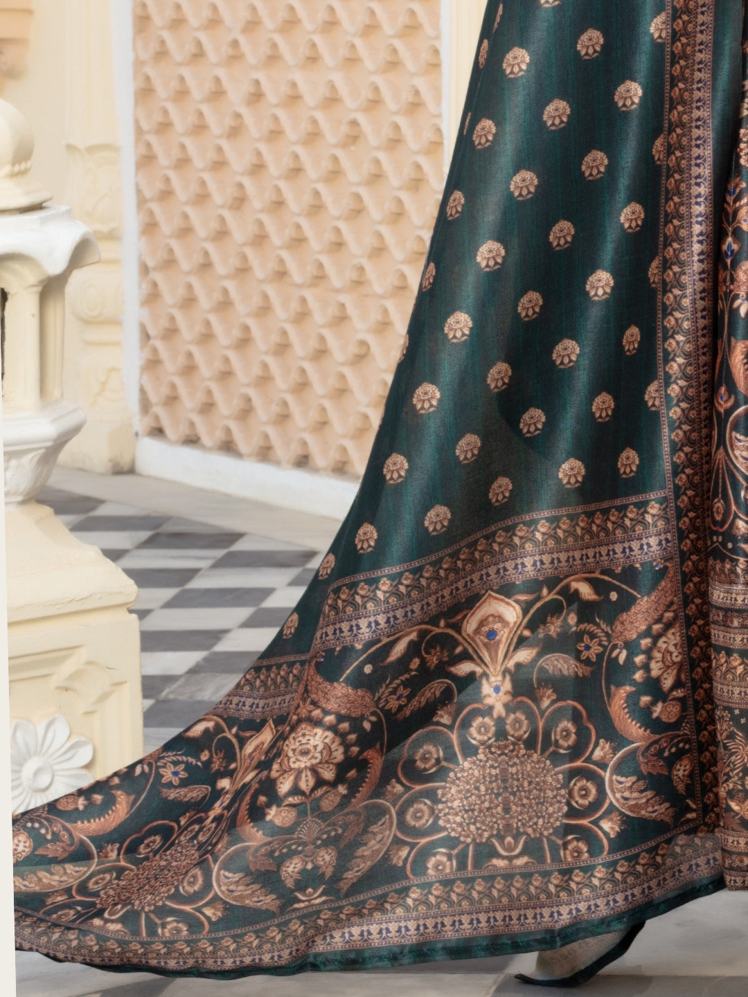 Bohemian Print Embellished Pleated Gown with Printed Sleeves & Printed Dupatta