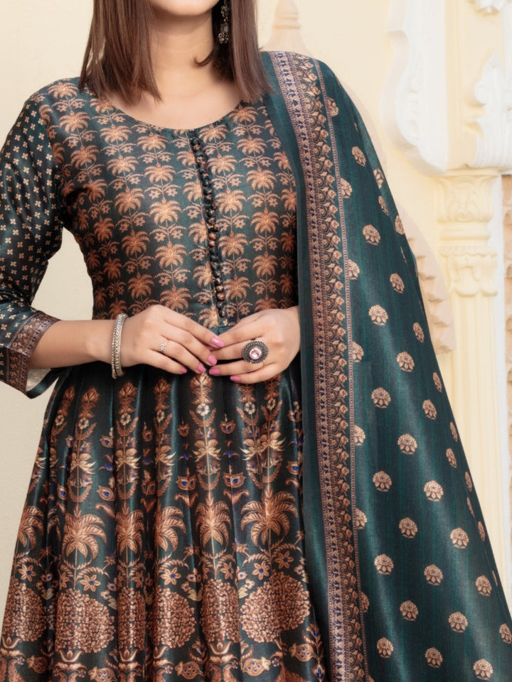 Bohemian Print Embellished Pleated Gown with Printed Sleeves & Printed Dupatta
