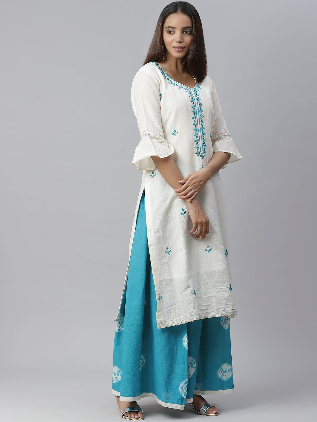 Jute Cotton Embroidered Kurta Set with Bandhej Skirt and Mirror Embellishments
