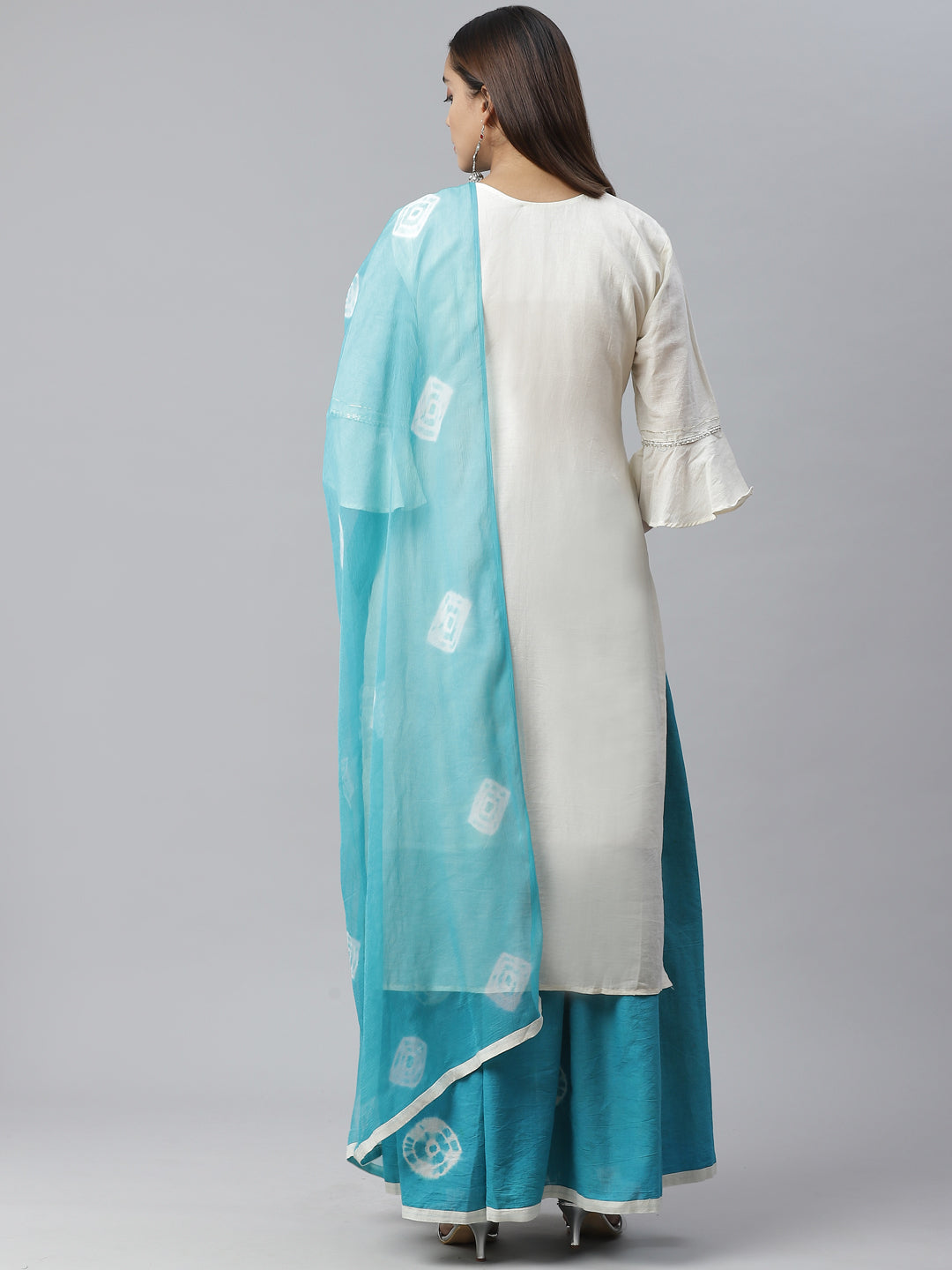 Jute Cotton Embroidered Kurta Set with Bandhej Skirt and Mirror Embellishments