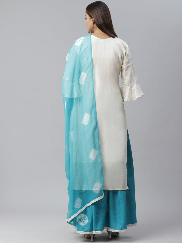 Jute Cotton Embroidered Kurta Set with Bandhej Skirt and Mirror Embellishments