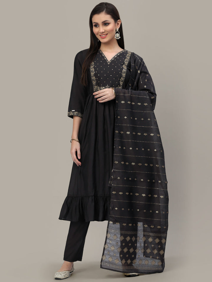 Steel Grey Embellished Flare Kurta Pant Set with Dupatta