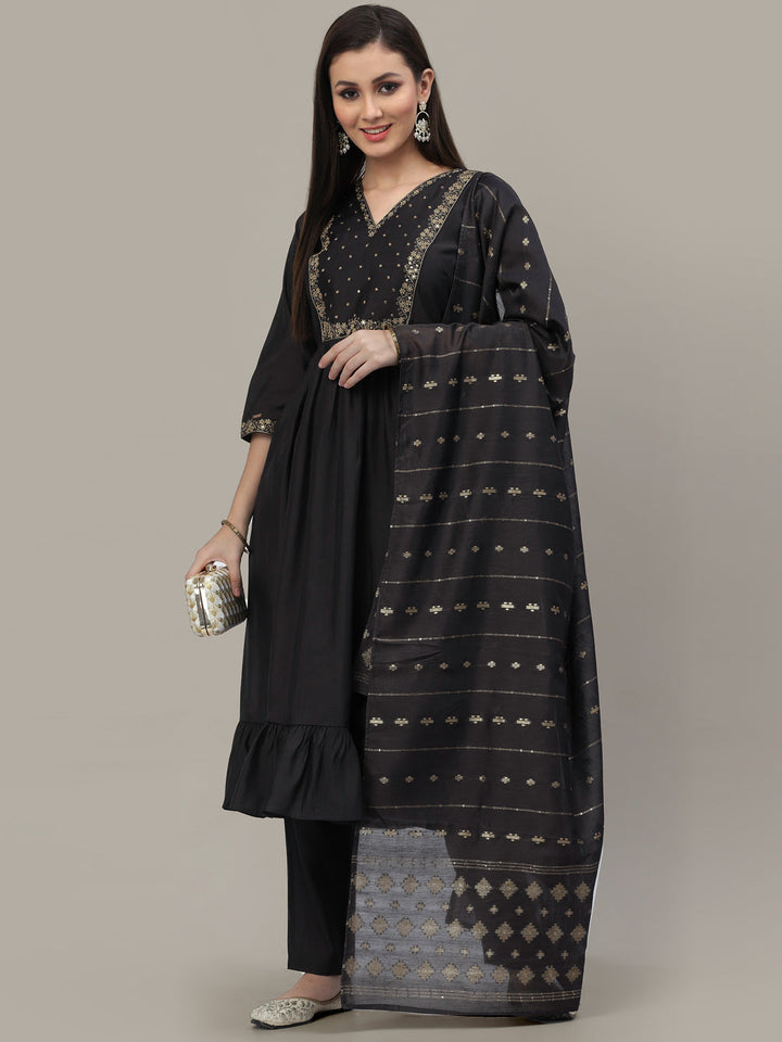 Steel Grey Embellished Flare Kurta Pant Set with Dupatta