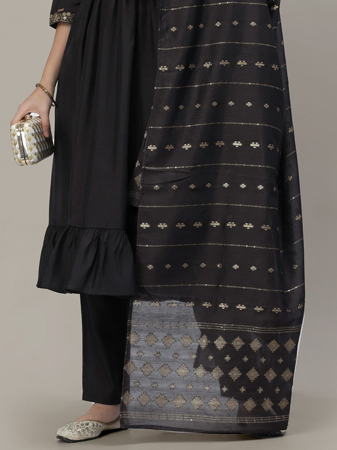 Steel Grey Embellished Flare Kurta Pant Set with Dupatta