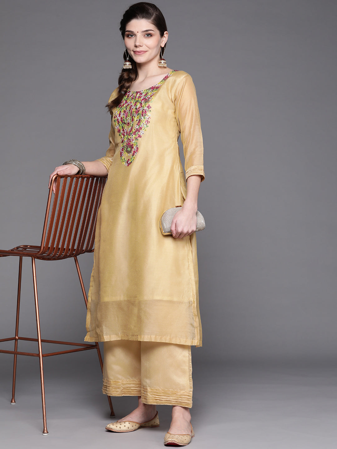 Beige Solid Kurta Palazzo Set With Resham Embroidery Neckline