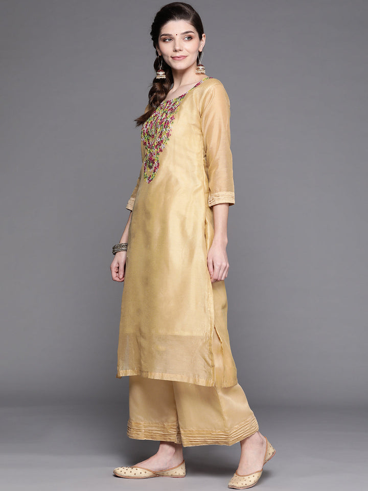 Beige Solid Kurta Palazzo Set With Resham Embroidery Neckline