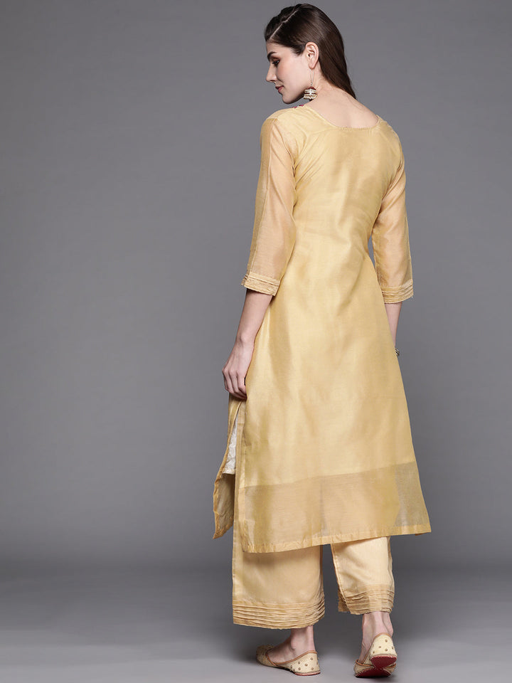 Beige Solid Kurta Palazzo Set With Resham Embroidery Neckline