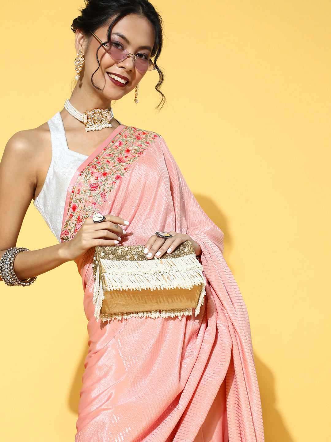 Pink Silk Crepe Sequin Embellished Saree with Resham Parsi Embroidery
