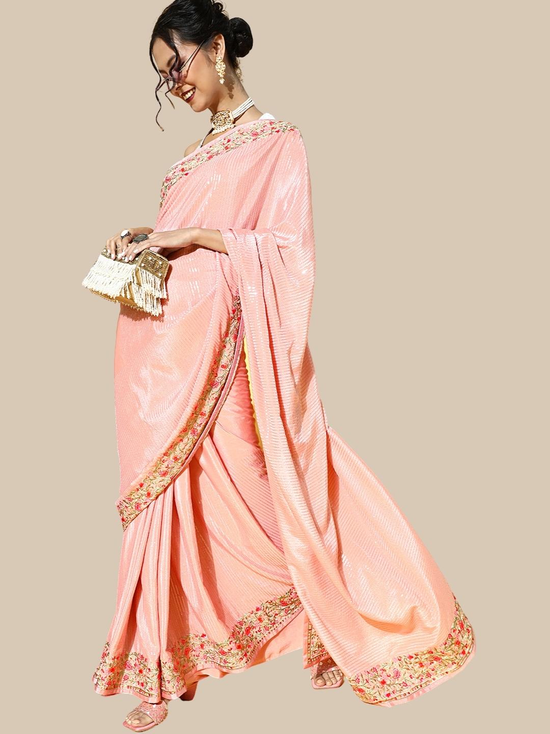 Pink Crepe Embellished Saree with Multicolor Resham Parsi Embroidery