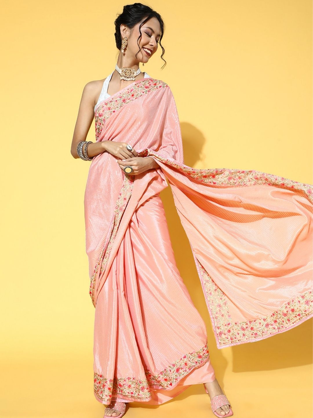 Pink Silk Crepe Sequin Embellished Saree with Resham Parsi Embroidery