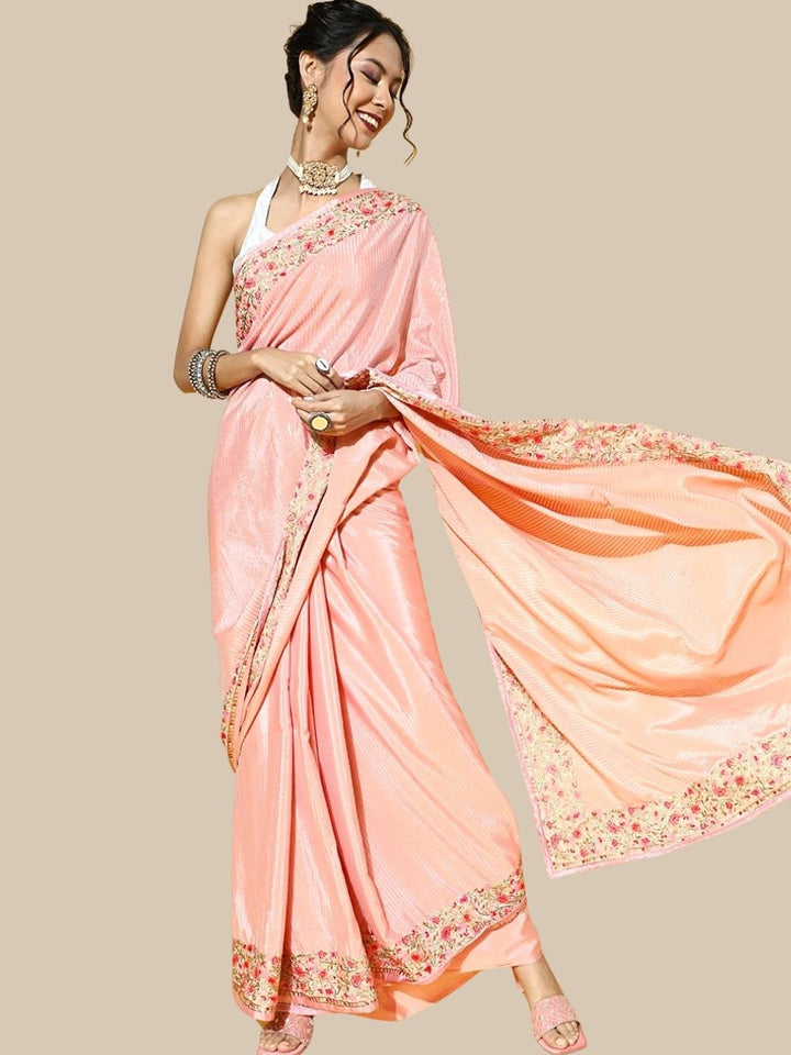 Pink Crepe Embellished Saree with Multicolor Resham Parsi Embroidery