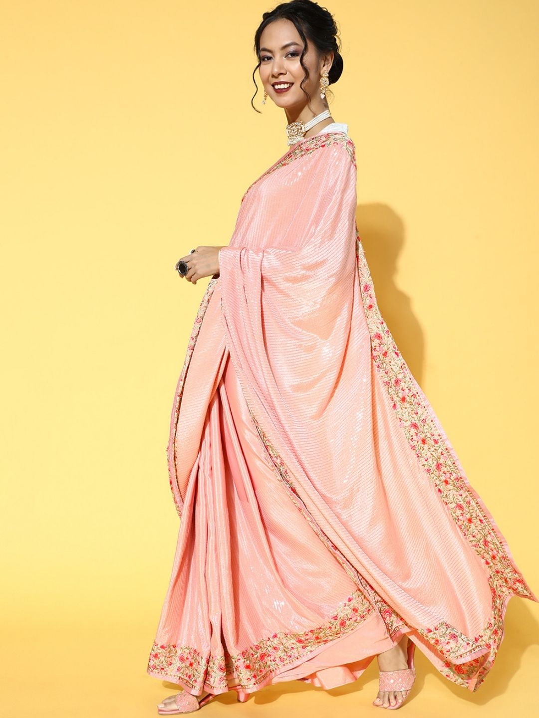 Pink Silk Crepe Sequin Embellished Saree with Resham Parsi Embroidery