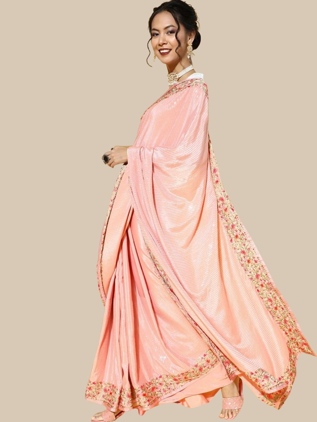 Pink Crepe Embellished Saree with Multicolor Resham Parsi Embroidery