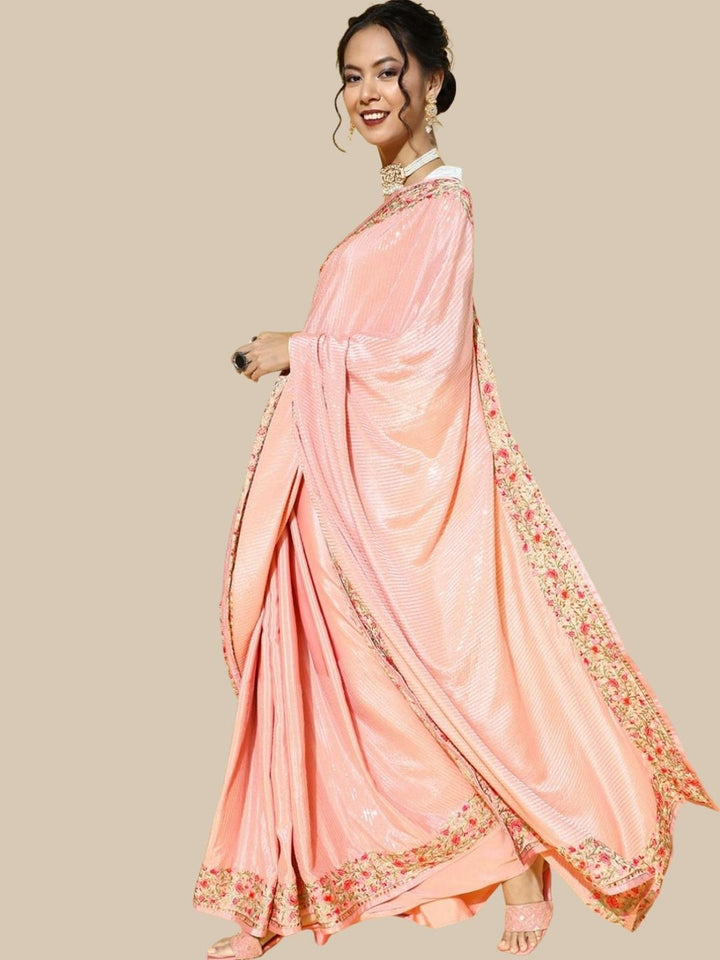 Pink Crepe Embellished Saree with Multicolor Resham Parsi Embroidery