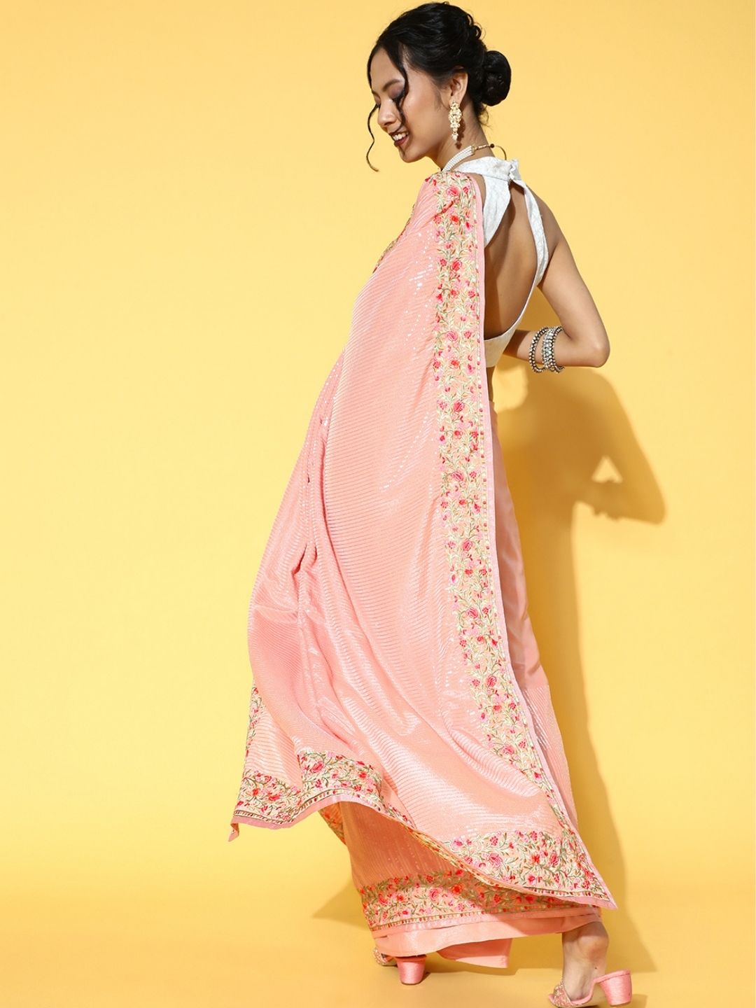Pink Silk Crepe Sequin Embellished Saree with Resham Parsi Embroidery