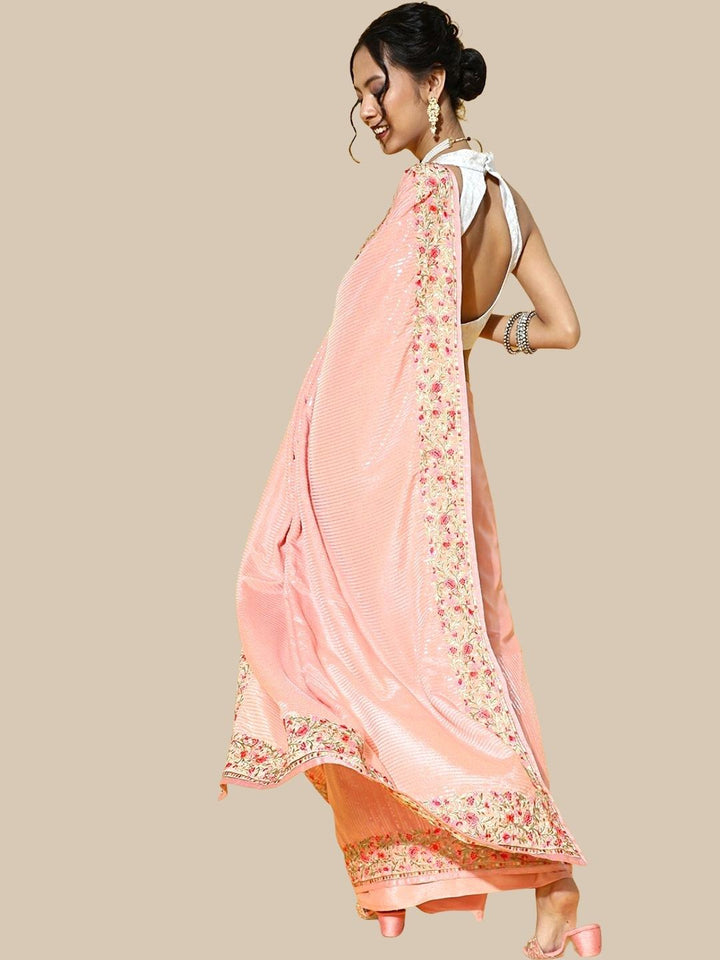 Pink Crepe Embellished Saree with Multicolor Resham Parsi Embroidery