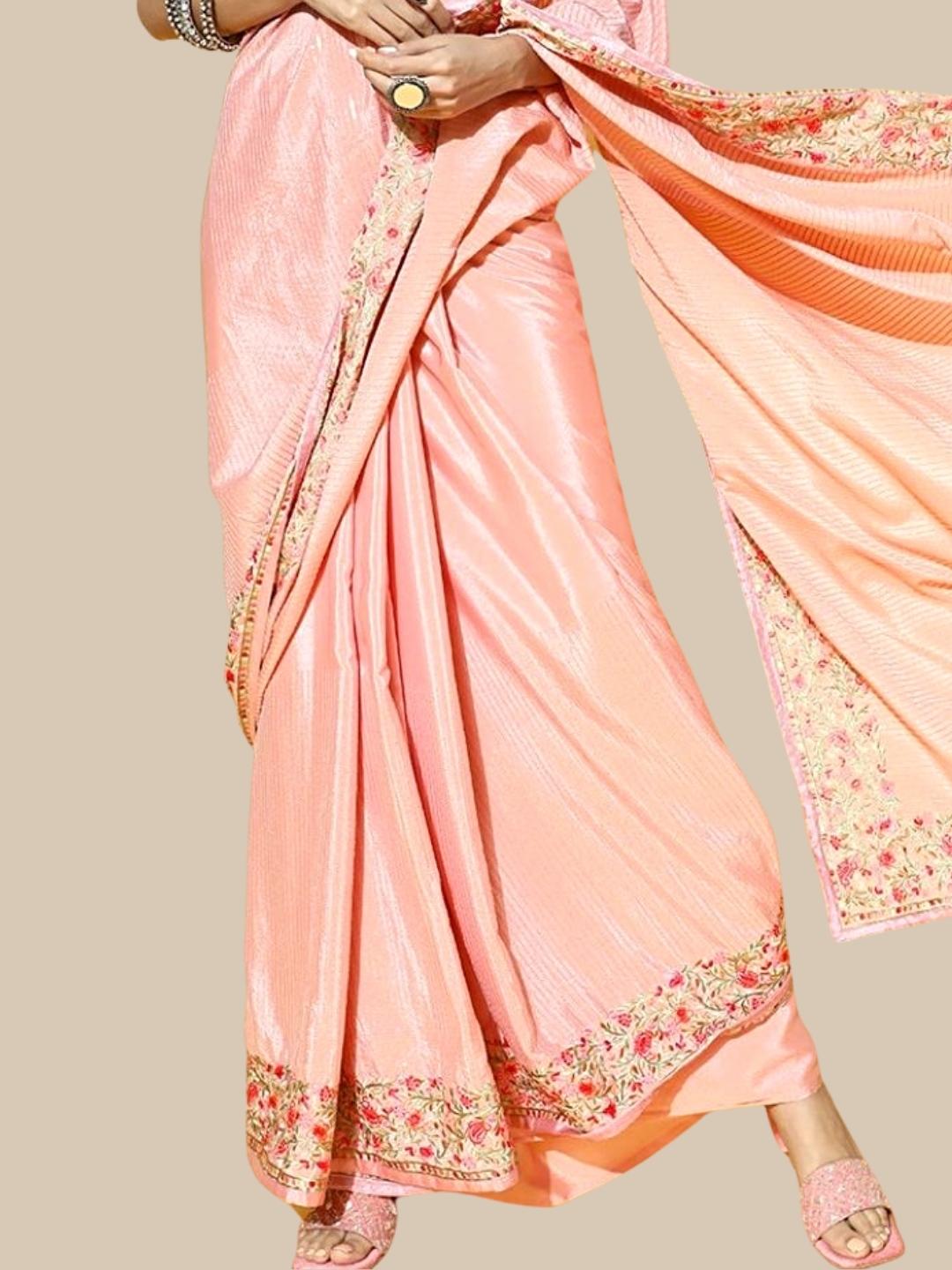Pink Crepe Embellished Saree with Multicolor Resham Parsi Embroidery