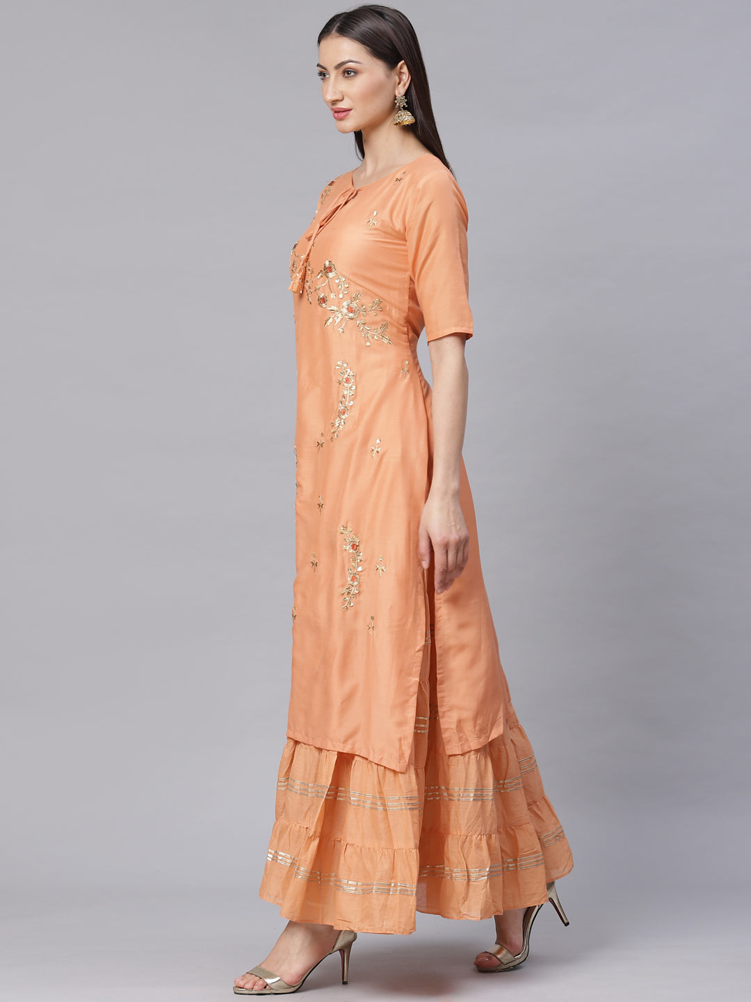 Made to Measure Double Layered Gown with Gotta Patti Embroidery and Keyole Neckline