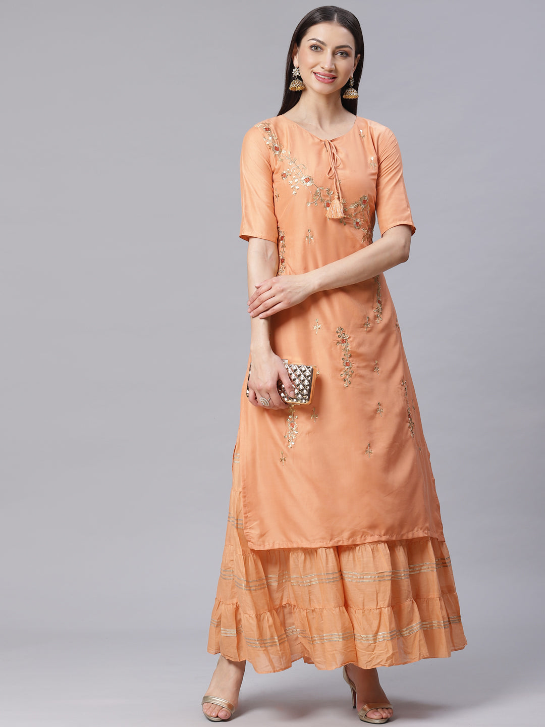 Made to Measure Double Layered Gown with Gotta Patti Embroidery and Keyole Neckline