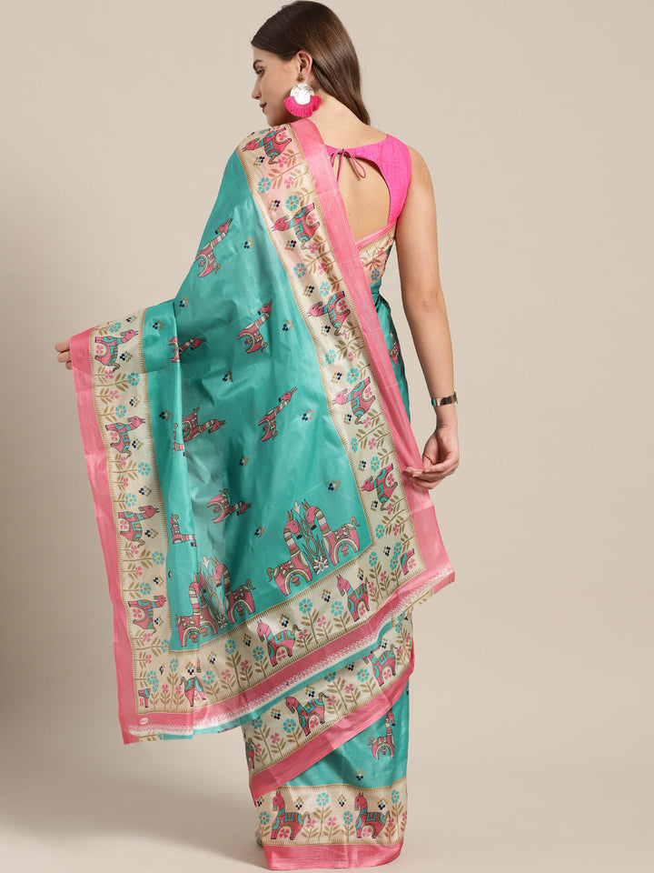 Turquoise Pink Printed Bhagalpuri Saree with Bright animal and geometric motifs