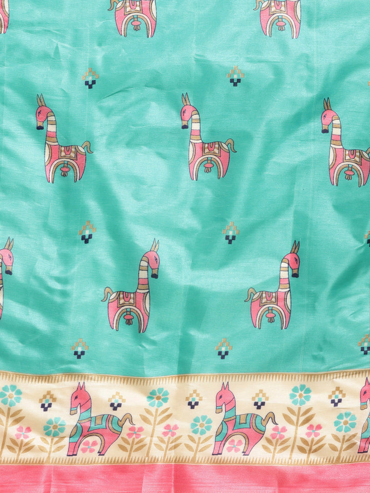 Turquoise Pink Printed Bhagalpuri Saree with Bright animal and geometric motifs