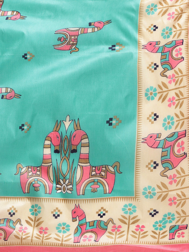 Turquoise Pink Printed Bhagalpuri Saree with Bright animal and geometric motifs